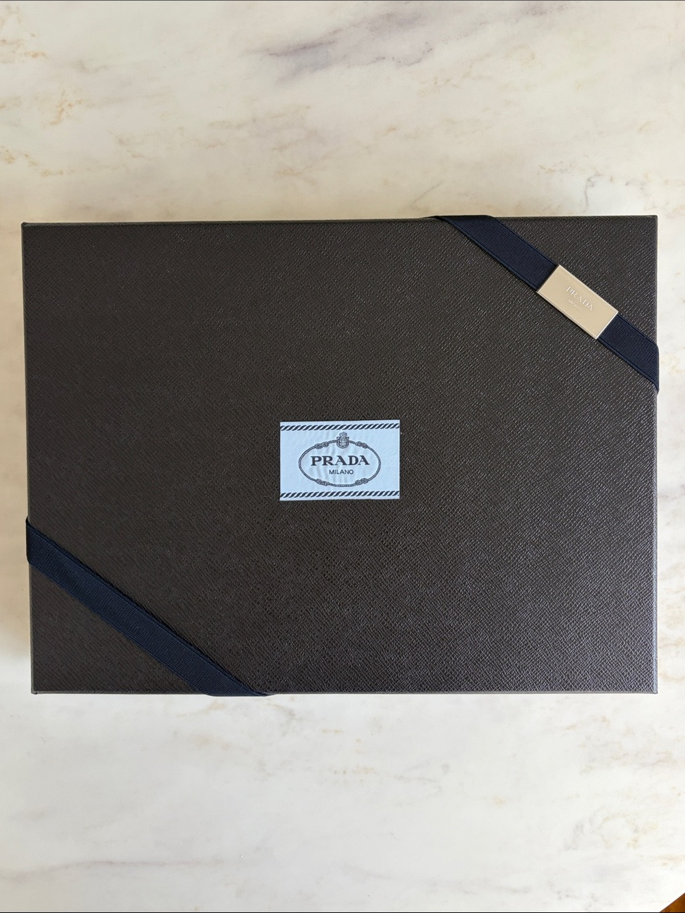 Authentic PRADA Black Crosshatch Storage Box w/ Band & Tissue Paper